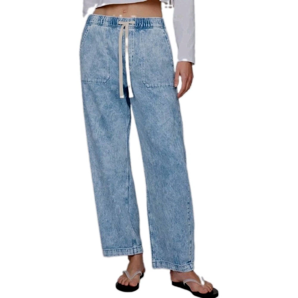 NEW GAP Easy Barrel Leg Ankle Jeans Size L Blue Denim Pull On Elastic Waist NWT